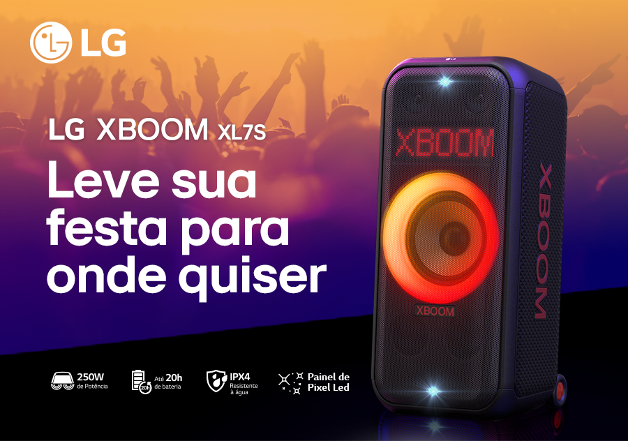 Caixa de som XBOOM da LG exibindo suas cores e seu grande falante ao meio